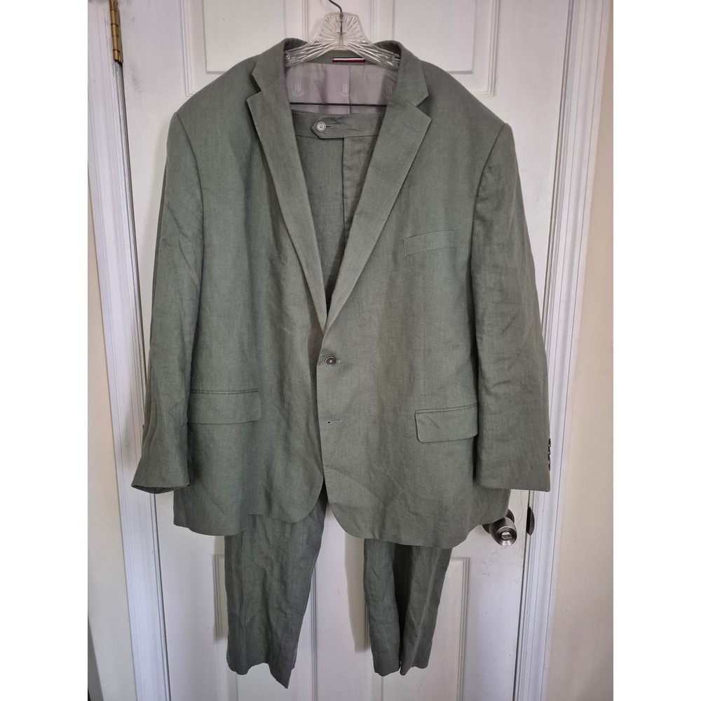 Tommy Hilfiger Mens 58R 52W Sage Green 100% Linen 2 Piece Suit Blazer Trousers
